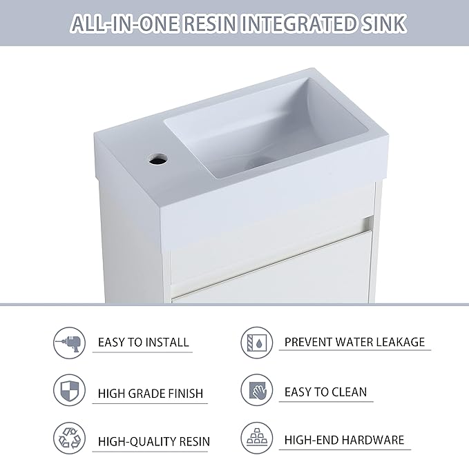 18 Inch Small Bathroom Vanity with Sink, 18" Floating Bathroom Vanity for Small Space, Wall Mounted Cabinet Set with Resin Basin Sink, Soft Close Door (WSG, 005-18" W X 10" D)