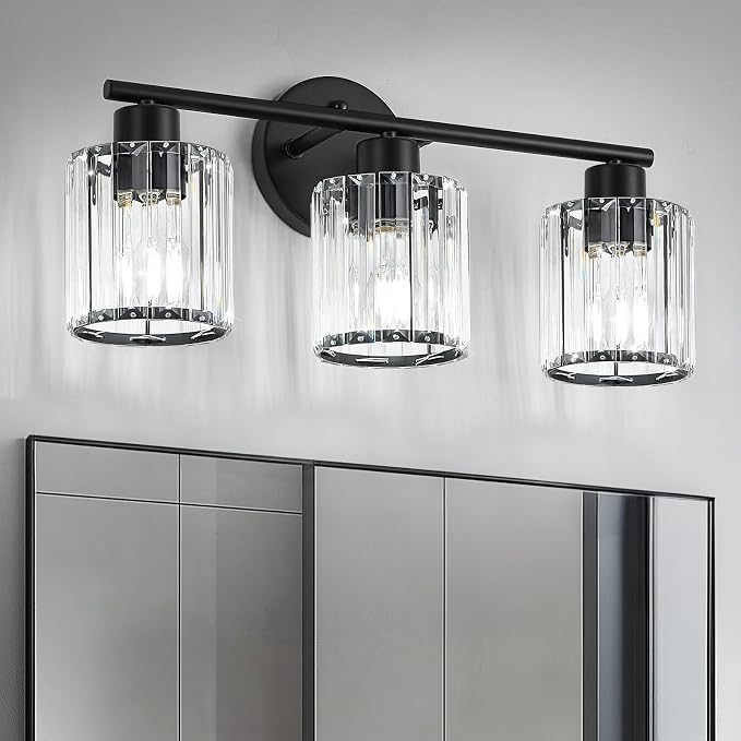 Modern Black Crystal Bathroom Light Fixtures,3-Light | Bathroom Lighting Fixtures over Mirror,Vanity Lights for Mirror, Restroom(Ceramic E26 Socket,Bulbs Not Include)