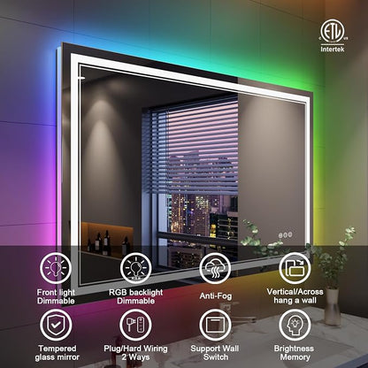 48x40 Inch RGB LED Bathroom Mirror with Lights | Front and RGB Backlit, Dimmable, Memory, Anti Fog, Shatterproof, Horizontal/Vertical, Lighted Mirrors for Bathroom Wall