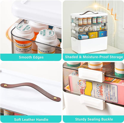 Homaigie Extra Tall 4-Tier Medicine Cabinet Organizer for Medicine Bottles Organizer, Portable Medicine Storage Box with Leather Handle, Empty First Aid Kit Container for Home, Classroom