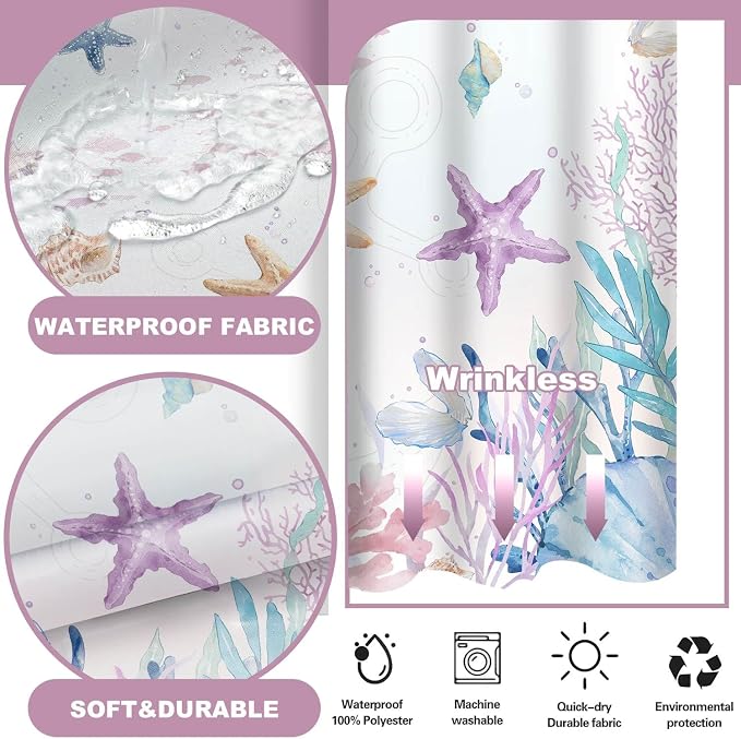 No Hook Shower Curtain and Liner Set, Watercolor Purple Beach Coastal 71x74 | Nautical Ocean for Bathroom, with Snap in Liner Replacement, Mesh Top Window, Waterproof, Machine Washable, Quick-Drying