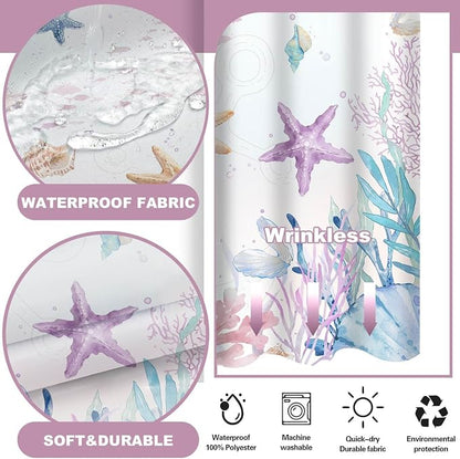 No Hook Shower Curtain and Liner Set, Watercolor Purple Beach Coastal 71x74 | Nautical Ocean for Bathroom, with Snap in Liner Replacement, Mesh Top Window, Waterproof, Machine Washable, Quick-Drying