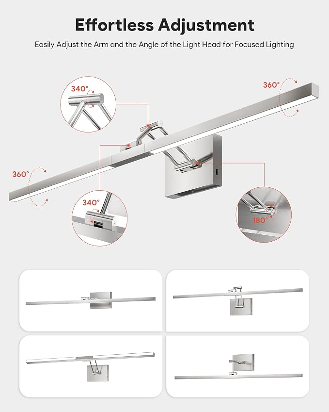 VONLUCE 36" LED Bathroom Vanity Light, 3CCT Modern LED Vanity Lights with 360° Rotatable Head Swing Arm, 15.4W Bathroom Light Fixture Over Mirror, LED Lights for Bathroom Bedroom, Brushed Nickel | 3CCT, Flicker-free, 360° Rotatable Head & Swing Arm, IP...