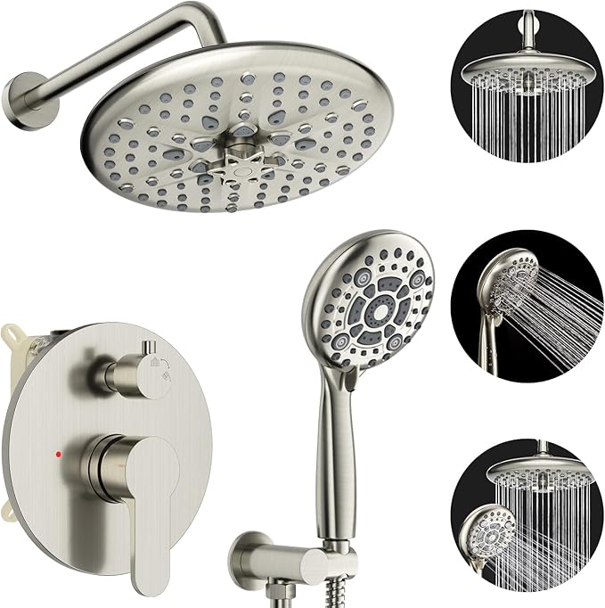 EMBATHER Shower Faucet Sets - Overhead Rain Head Shower System with High Pressure Handheld Complete Combo and Mixer Valve Trim Kit - Brushed Nickel Rainfall Shower Fixture for Luxury Bathroom