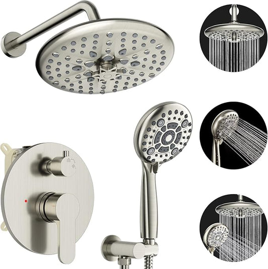 EMBATHER Shower Faucet Sets - Overhead Rain Head Shower System with High Pressure Handheld Complete Combo and Mixer Valve Trim Kit - Brushed Nickel Rainfall Shower Fixture for Luxury Bathroom