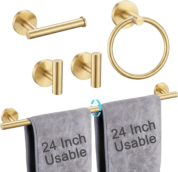 Brushed Gold 5-Piece Bathroom Hardware Set, Bathroom Accessories Set | SUS304 Stainless Steel, 24 inch Towel Bar, Towel Racks for Bathroom, Toilet Paper Holder Wall Mounted, Robe Towel Hooks