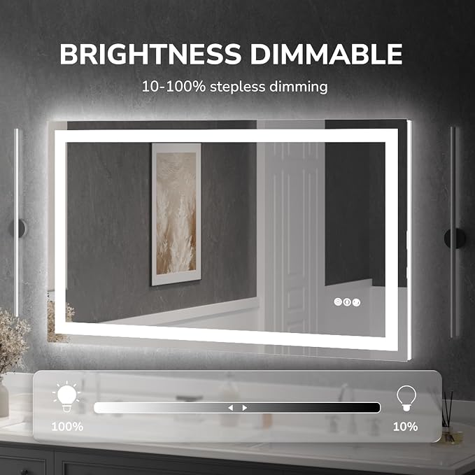 LED Bathroom Mirror 55x30 Inch Tempered Glass - Frameless LED Backlit Lighted Mirror for Bathroom Vanity with Anti-Fog, 3 Colors Dimmable, Memory Function, Wall-Mounted | Tempered Glass - Frameless Backlit Lighted Mirror for Bathroom Vanity with Anti-F...