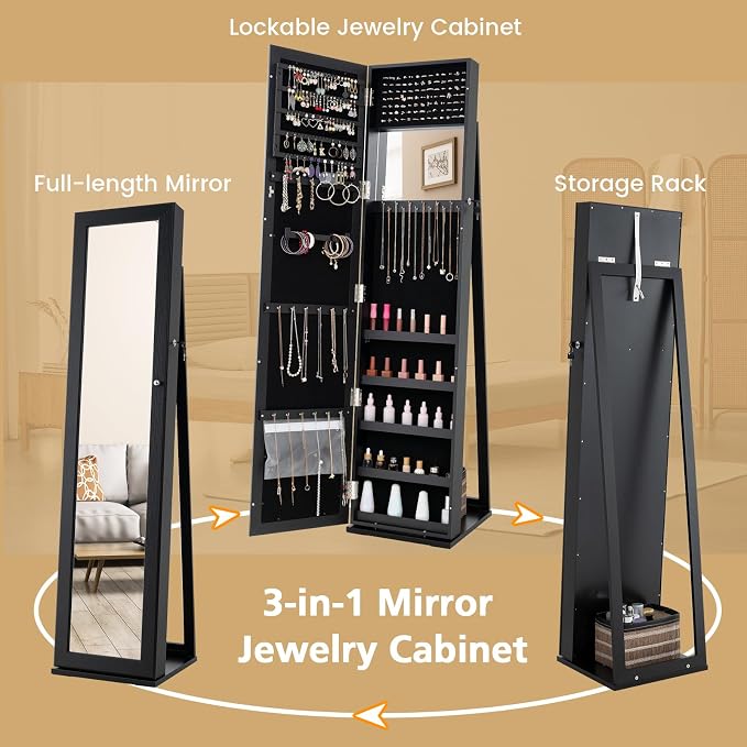 COSTWAY Standing Jewelry Cabinet, Large Capacity Jewelry Organizer w/Full-Length Mirror & Rear Storage Shelves, Lockable Mirror Jewelry Armoire with Keys for Girls Women (Black)