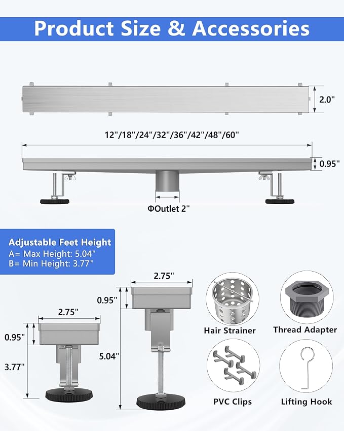 YEFU Shower Drain Nickel for Bathroom: 36 Inch Stainless Steel Linear Shower Drain – 2-in-1 Shower Floor Drain with Tile Insert Grate – Rectangle Linear Drain with Adjustable Feet & Hair Strainer