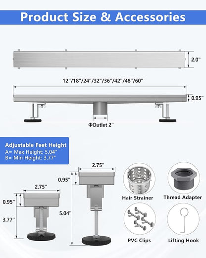 YEFU Shower Drain Nickel for Bathroom: 36 Inch Stainless Steel Linear Shower Drain – 2-in-1 Shower Floor Drain with Tile Insert Grate – Rectangle Linear Drain with Adjustable Feet & Hair Strainer