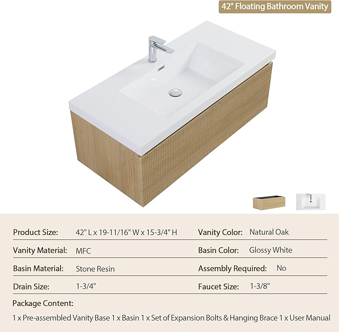 42'' Floating Bathroom Vanity with Sink Combo, Modern Wall-Mounted Striped Bathroom Storage Cabinet with Soft-Close Drawer and Glossy White Solid Surface Basin, No Assembly Required, Natural Oak