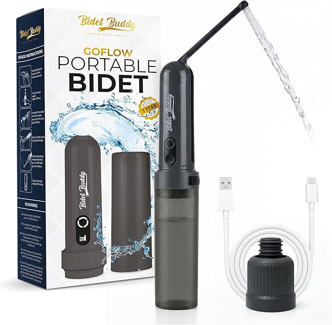 BIDET BUDDY® GoFlow Portable Bidet for Travel - 180mL Bottle with Two Power Modes, Nozzle Wand, IPX6 Waterproof, USB C Charging, 800mAh Rechargeable Battery, Medium Pressure