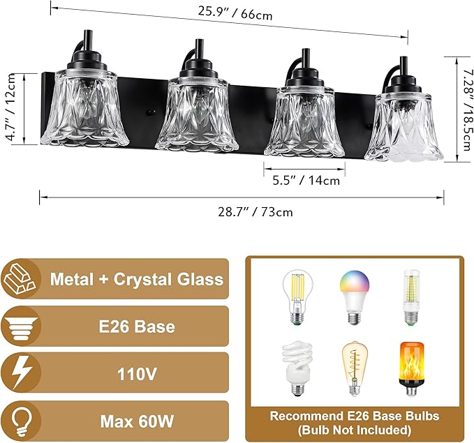 Black Bathroom Vanity Light Fixture, Bathroom Light Fixtures Over Mirror, 4 Lights Black Bathrooms Lighting,Matte Antique Finish with Crystal Glass Shade, Vintage Vanity Light for Bathrooms