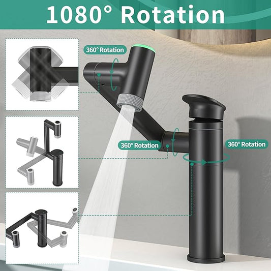Modern Bathroom Faucet 1 Hole with Temperature Display(Batteries-Free), 1080° Rotatable Single Hole Bathroom Faucet, Single Handle Bathroom Vanity Faucets, 2 Spray Modes (Matte Black)