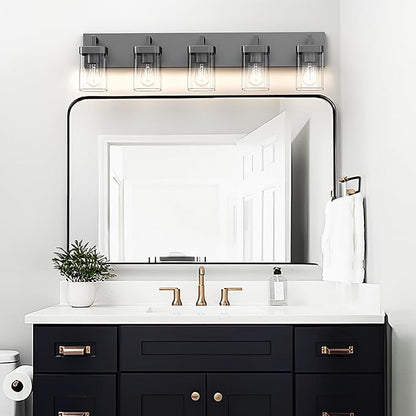Bathroom Vanity Light, Square Design 5 Lights Morden Bathroom Lighting Fixtures Over Mirror, Black Vanity Light for Living Room/Bedroom
