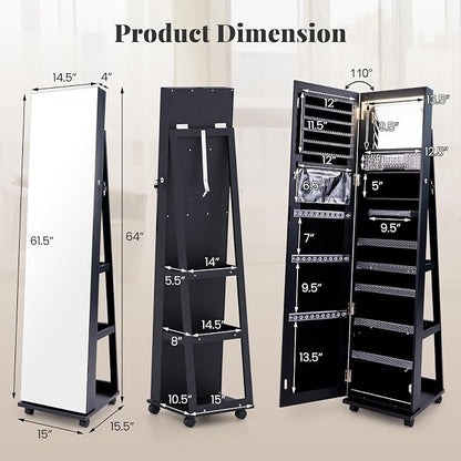 GOFLAME Jewelry Cabinet with Full Length Mirror, Lockable Jewelry Storage Organizer with Wheels, 3-Color LED Lights, Inner Mirror, Freestanding Jewelry Armoire with Rear Storage Shelves, Black