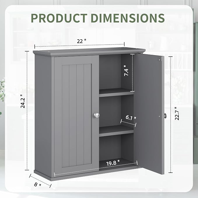 Bathroom Wall Cabinet, Bathroom Cabinet Wall Mount, Over Toilet Space Saver Storage Cabinets Wall Mounted, Wood Medicine Cabinets with Doors, Grey