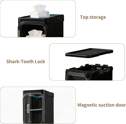 4-Tier Narrow Storage Cabinet Slim Bathroom Tall Skinny Organizer,Black | Foldable Storage Cabinet with Lockable Rolling Wheels Magnetic Clear Door Adjustable Detachable Shelves For Narrow Space
