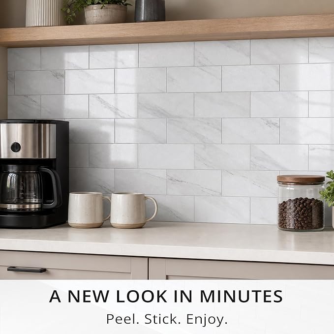 StyloVue 100 Pieces Peel and Stick Backsplash for Kitchen, 3" x 6" PVC Subway Tile, 2026 Upgraded Sparkle White Marble, Stick on Wall Tile for Kitchen, Bathroom, Fireplace, RV