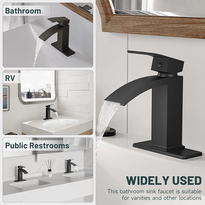 Matte Black Waterfall Bathroom Faucets for 1 or 3 Holes, Brass | Single Handle Bathroom Sink Faucet for Lavatory Commercial Vanity, Basin Taps with Deck Plate, Pop Up Drain and Supply Line