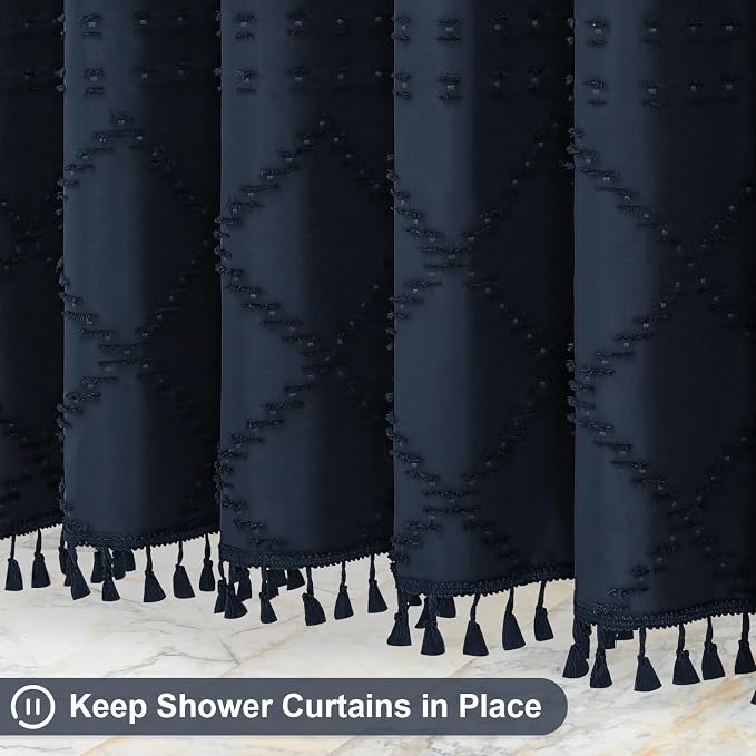 Navy Boho Woven Fabric Shower Curtain with Tassel 72 x 78, Tufted Textured | Modern Farmhouse Curtain for Bathroom, Long Bathroom Curtain, Minimalist Decor, Waterproof