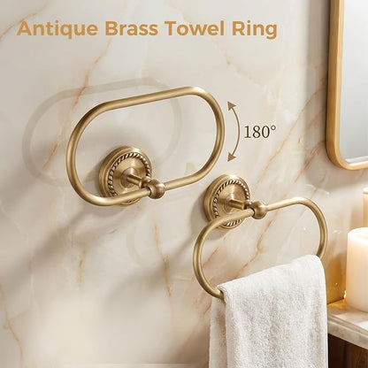 Antique Brass Bathroom Hardware Set, 4 Pieces Vintage Brass Bathroom Kit Accessories Sets Includes 24-inch Towel Bar, Towel Ring, Robe Hook & Toilet Paper Holder, Wall Mounted