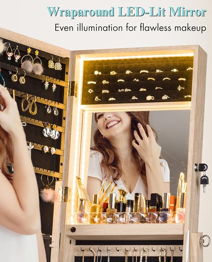 LUXFURNI 62.6" Standing Jewelry Armoire Cabinet with Storage Mirror | Built‑in LED Makeup Mirror, 3 Tilt Angles, 48H Runtime with 6AA Batteries, Acrylic Lipstick Tray, Engineered Wood for Bedroom