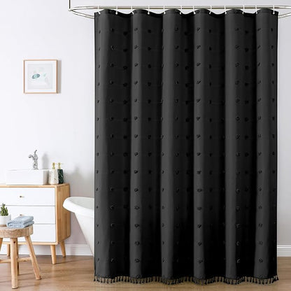 LilyCat Boho Tufted Floral Shower Curtain with Tassel, Black, 72" x 72" | Waterproof Boho Fabric Shower Curtain Set with Hooks, Cute Rustic Vintage Bathroom Décor, Minimalist Cloth Bathroom Curtain