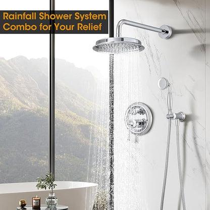 Chrome Rain Shower Heads with Handheld Spray Combo, Rain Shower System with Balance Pressure Valve, 9 inch Bathroom Luxury Rain Fall Shower Head with Antique Handshower Wall Mount, (B2312-CP)