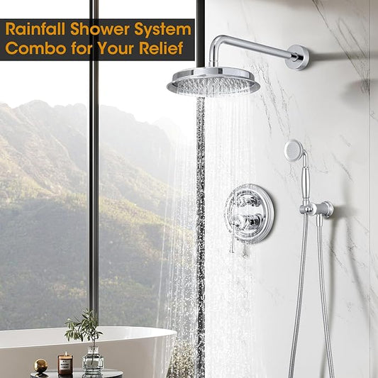 Chrome Rain Shower Heads with Handheld Spray Combo, Rain Shower System with Balance Pressure Valve, 9 inch Bathroom Luxury Rain Fall Shower Head with Antique Handshower Wall Mount, (B2312-CP)