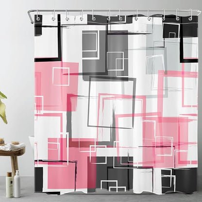 Pink and White Geometric Modern Shower Curtain for Bathroom Decor,Black and Grey Abstract Striped Shower Curtain with Hooks Mid Century Minimalist Bathroom Shower Curtain Set,72L X 72W inches