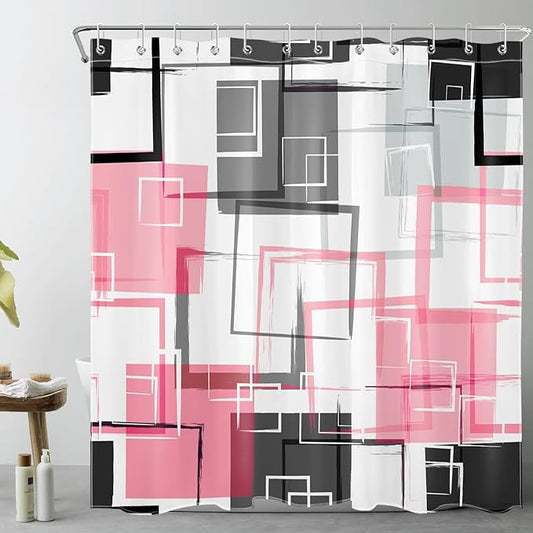 Pink and White Geometric Modern Shower Curtain for Bathroom Decor,Black and Grey Abstract Striped Shower Curtain with Hooks Mid Century Minimalist Bathroom Shower Curtain Set,72L X 72W inches