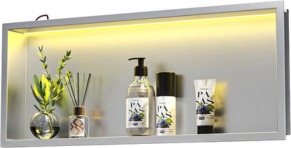 Led Shower Niche 30" X 12" Brushed with RGB Light 304 Stainless Steel Niche Shower for Bathroom Storage Waterproof Hardwired Dimmable Horizontal Installation