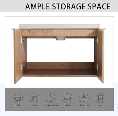 SSLine 30-Inch Single Bathroom Vanity Modern Wall Mounted Bathroom Vanity with Sink 30" Small Floating Bathroom Vanities Set with 2 Side Storage Cabinets,Brown White