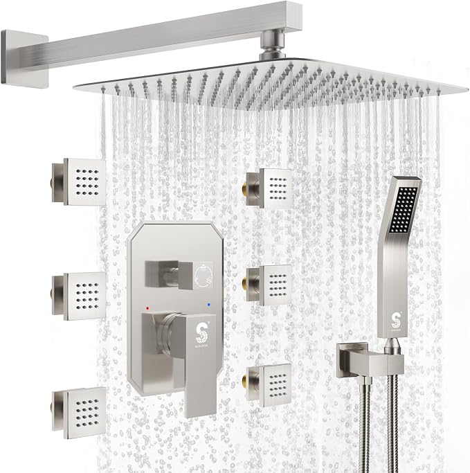 Waist Massage Spray Shower System with 6 Body Jets, 12'' Rain Shower System with Jets and Handheld Shower Faucet Set with Rough-in Valve, Wall Mounted Shower Fixture Set for Bathroom, Brushed Nickel