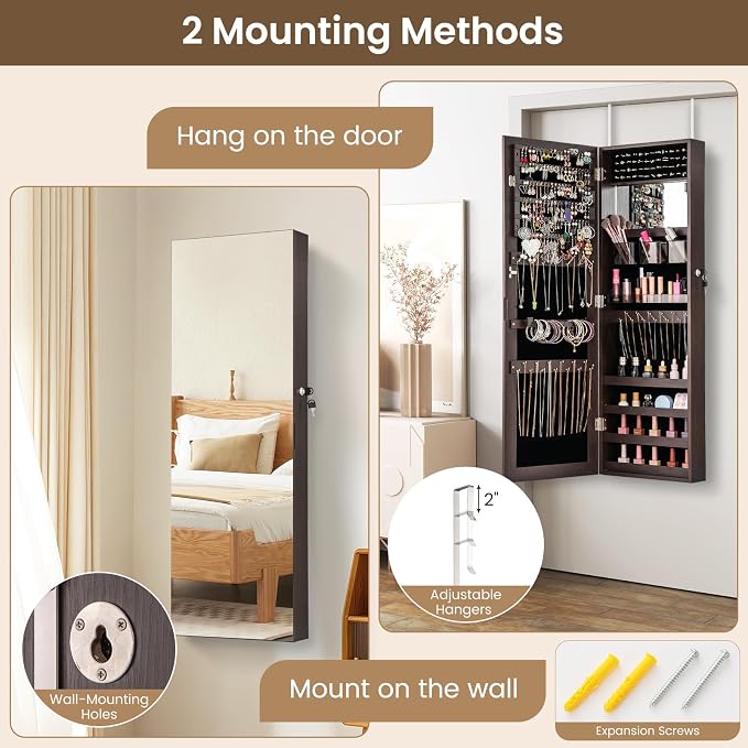 CHARMAID Jewelry Cabinet Wall or Door Mounted, Hanging Lockable Jewelry Armoire Storage With Full Length Mirror, Interior Makeup Mirror, Over the Door Organizer Box (Dark Brown)