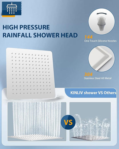 Rain Shower Head with Extension Arm Polished Chrome, 12" Rainfall Square Showerhead with 16" Shower Arm All Stainless Steel, 144 Outlets Waterfall Full Body Coverage