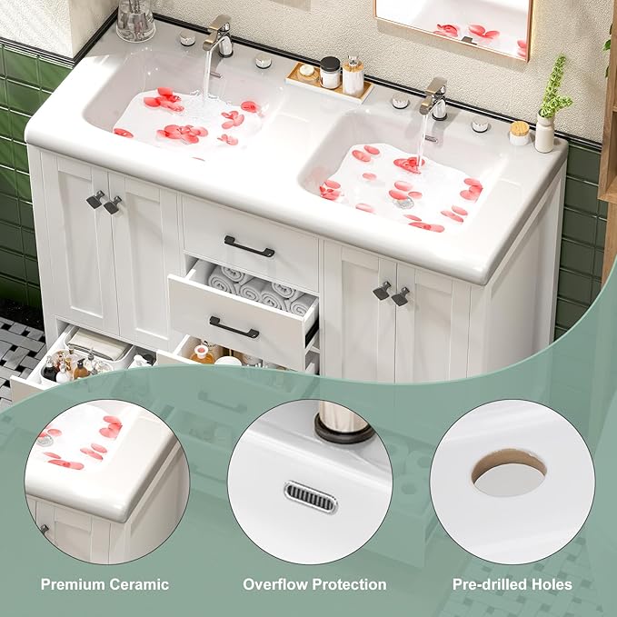 48 Inch Bathroom Vanity with Sink, White Bathroom Vanity Cabinet with Doulble Sink, Bath Vanities with 4 Doors and 5 Drawers, 20" D x 48" W x 36" H