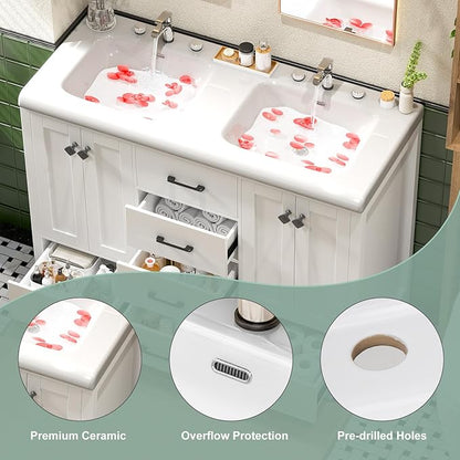 48 Inch Bathroom Vanity with Sink, White Bathroom Vanity Cabinet with Doulble Sink, Bath Vanities with 4 Doors and 5 Drawers, 20" D x 48" W x 36" H