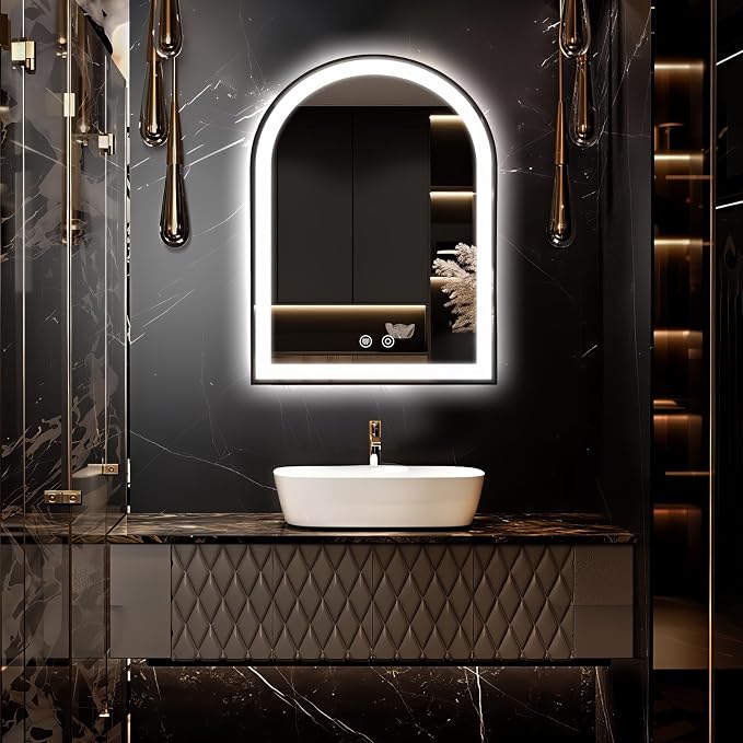 Arched LED Bathroom Mirror, 32"x20" Arch Backlit Vanity Mirror with Lights, Frontlit, Dimmable, 3 Colors, Memory Function, Anti-Fog Smart Mirror, Black Frame, Shatterproof, UL Listed