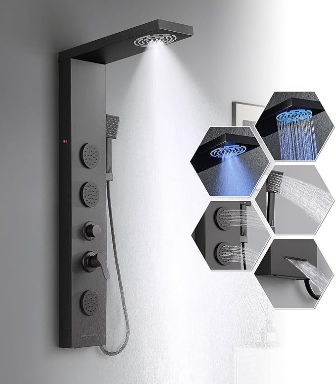 Matte Black Shower Panel for Bathroom - 5 In 1 Full Body Shower Tower With Led, Rainfall Shower Head With Powerful Body Jets, Handheld Shower And Tub Spout
