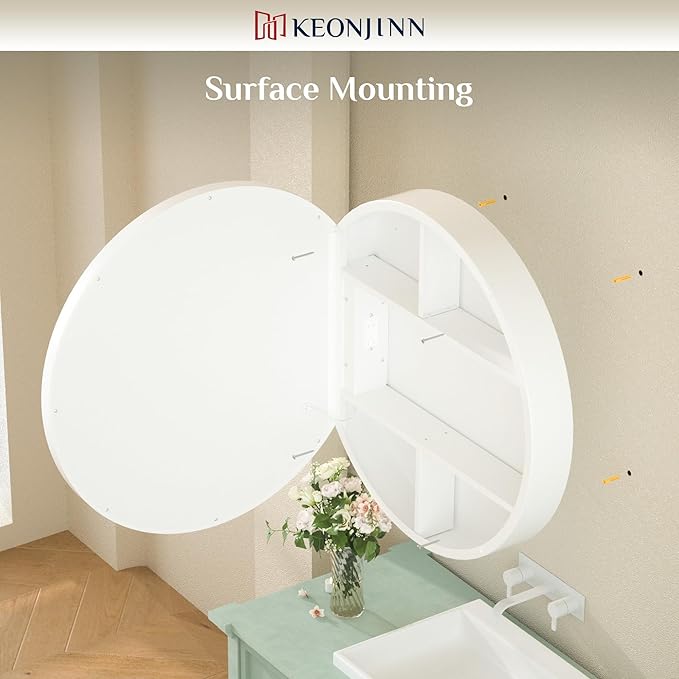 Keonjinn 26 Inch Round Medicine Cabinet with Lights, White LED Bathroom Medicine Cabinet Mirror, Circle, Electrical Outlet, 3 Color Lights, Anti-Fog, Dimmable, Surface Mount Only