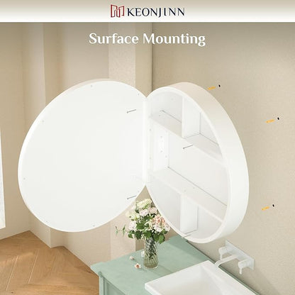 Keonjinn 26 Inch Round Medicine Cabinet with Lights, White LED Bathroom Medicine Cabinet Mirror, Circle, Electrical Outlet, 3 Color Lights, Anti-Fog, Dimmable, Surface Mount Only