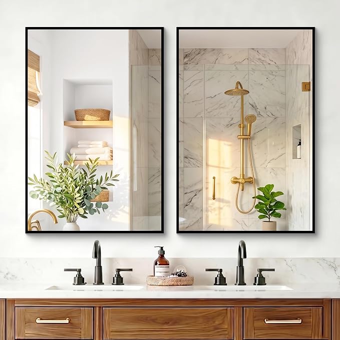 Bathroom Mirror for Wall, 36"x24" Black Vanity Mirror | Sturdy Rectangular Metal Frame, HD Tempered Glass, Hangs Horizontally or Vertically in Bedroom, Living Room, Entryway