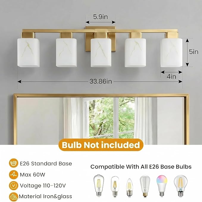 5-Light Square Bathroom Light Fixture, Gold Modern Vanity Light with White Marble Glass Shade, for Bathroom Mirror, Living Room, Bedroom, Hallway, E26 Base