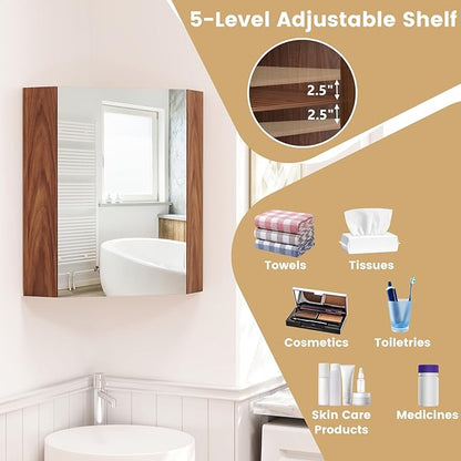 Giantex Corner Medicine Cabinet, 23.5” Over The Toilet Storage Cabinet with Mirror Door, Adjustable Shelf, Clear Reflection, Space-Saving Mirrored Cabinet, Bathroom Wall Cabinet for Entryway, Brown