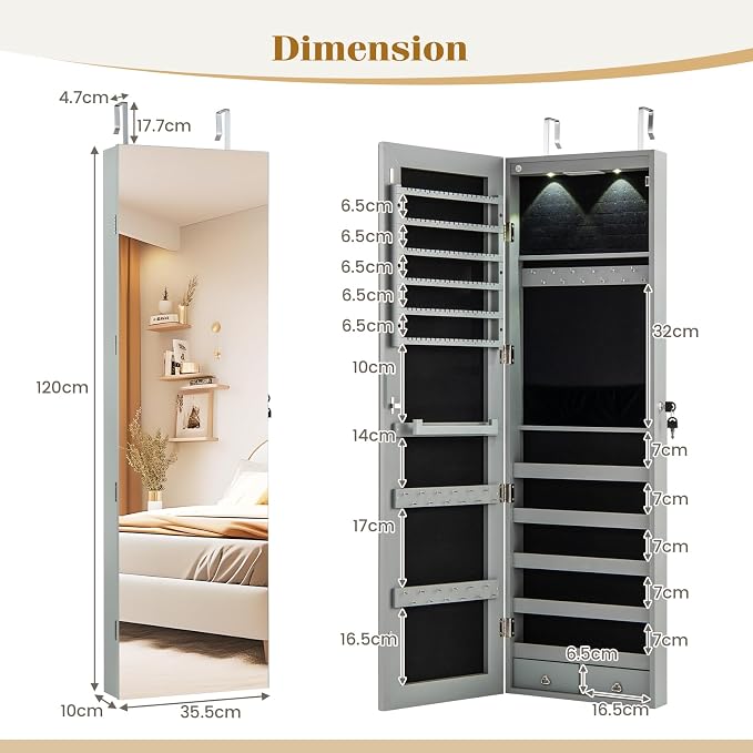 COSTWAY Wall Door Mounted Jewelry Armoire with 47.5" Full Length Mirror & 2 LED Lights, Large Storage Capacity, Lockable Mirror Jewelry Cabinet for Women Girls (Gray)