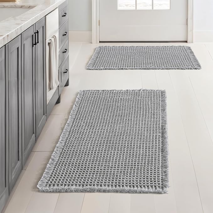 MIULEE Set of 2 Waffle Bathroom Rugs Boho Bath Mat Light Grey 17x24 Inch | Non Slip, Super Absorbent, Washable, Ultra Soft, Rubber Backed, Small Bath Rugs for Bathroom Floor Tub Shower