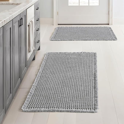 MIULEE Set of 2 Waffle Bathroom Rugs Boho Bath Mat Light Grey 17x24 Inch | Non Slip, Super Absorbent, Washable, Ultra Soft, Rubber Backed, Small Bath Rugs for Bathroom Floor Tub Shower