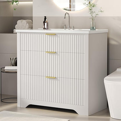 Garvee 36" Fluted Bathroom Vanity with Sink, Farmhouse Freestanding Bathroom Sink Cabinet with 2 Drawers & 1 Flip-Down Drawer, Easy Assembly & Cleaning, White